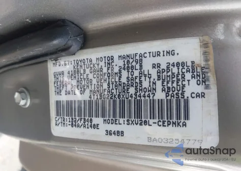 1999 Toyota Camry Le из США, поврежденный, VIN 4T1BG22K0XU434447